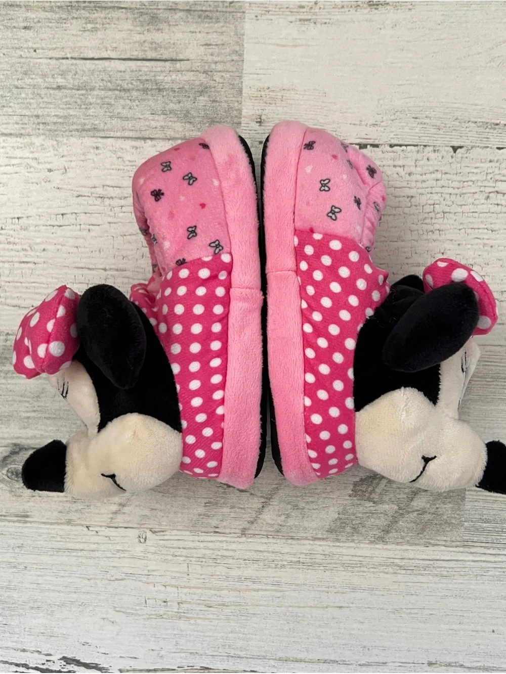 Disney Minnie Mouse Plush Slippers Toddler Girls Size 7/8 Pink Polka Dot Bows